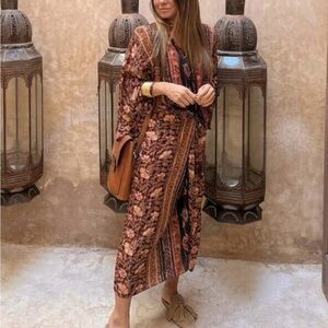 Zara Kaftan Paisley Floral Print Brown Midi Dress MEDIUM